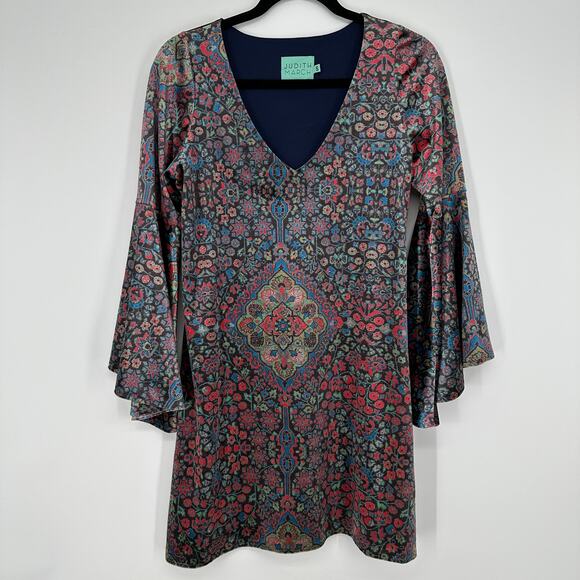 Judith March Arabian Night Velvet Printed Bell Sleeve Skater USA Made Dress Sml - Picture 1 of 6